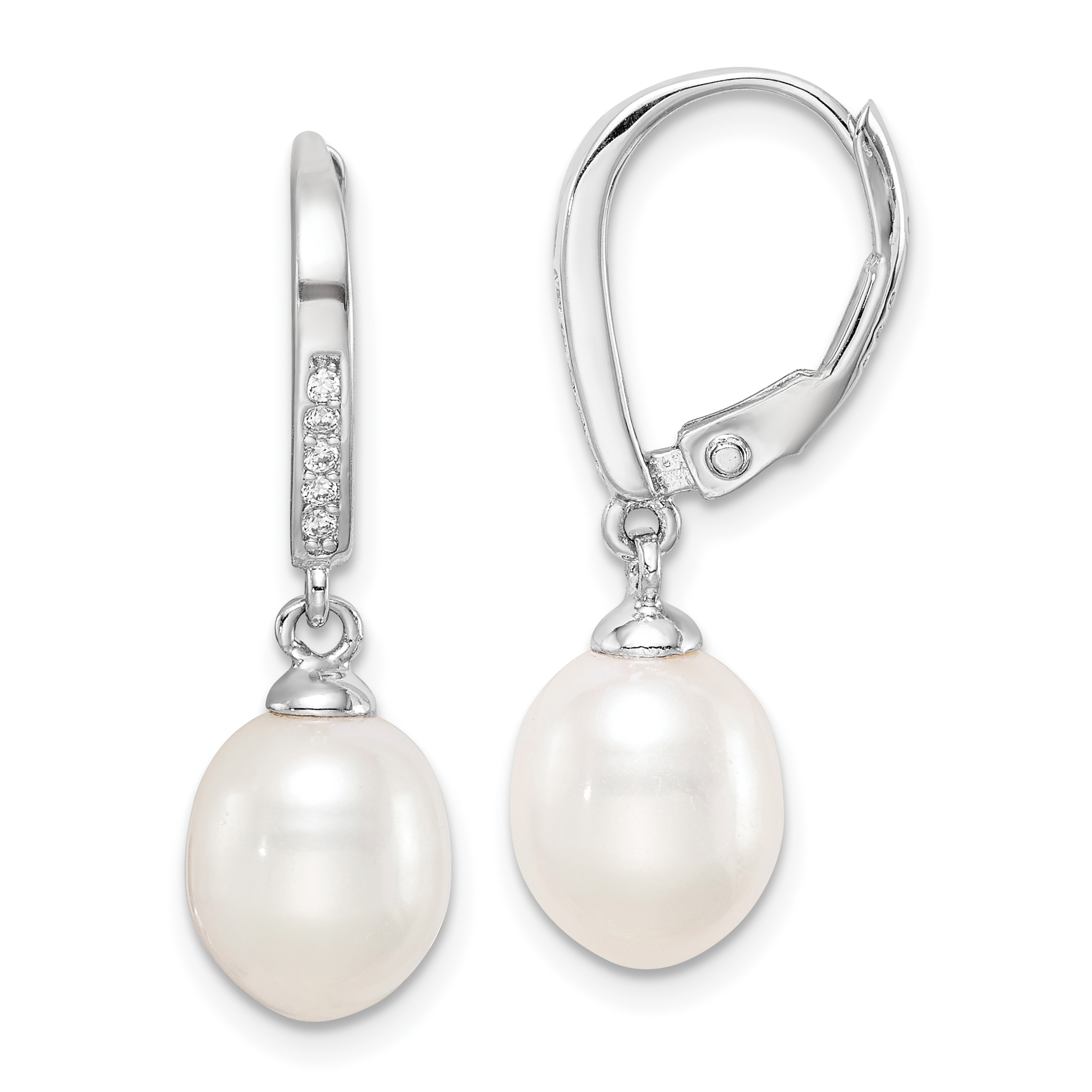 Sterling Silver Rhodium-plated 7-8mm White Teardrop Freshwater Cultured Pearl and CZ Leverback Dangle Earrings (QE15205)