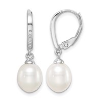 Sterling Silver Rhodium-plated 7-8mm White Teardrop Freshwater Cultured Pearl and CZ Leverback Dangle Earrings view 1