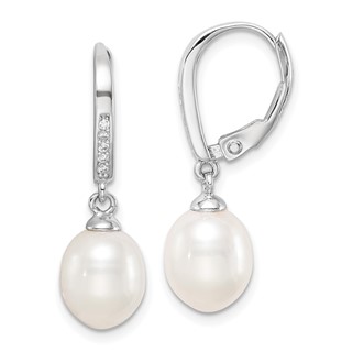 Sterling Silver Rhodium-plated 7-8mm White Teardrop Freshwater Cultured Pearl and CZ Leverback Dangle Earrings