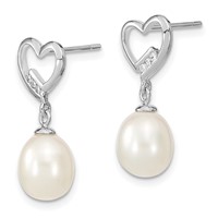 Sterling Silver Rhodium-plated 7-8mm White Rice Freshwater Pearl and CZ Heart Post Dangle Earrings view 2