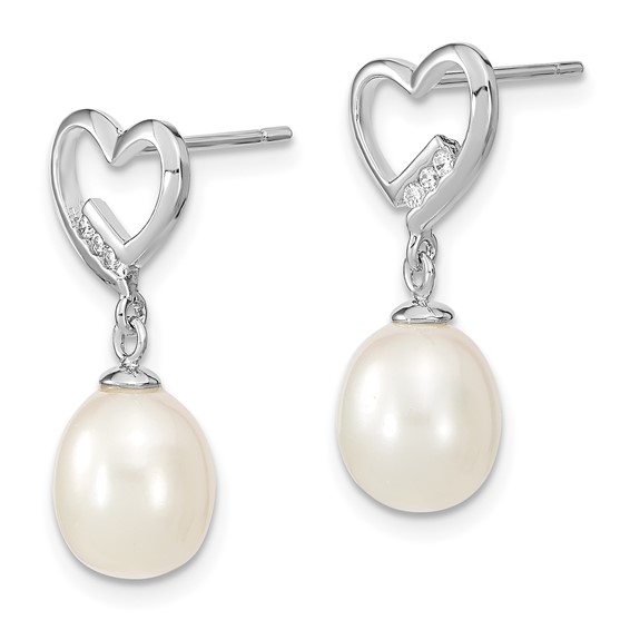 Sterling Silver Rhodium-plated 7-8mm White Rice Freshwater Pearl and CZ Heart Post Dangle Earrings