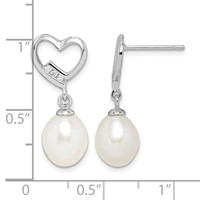 Sterling Silver Rhodium-plated 7-8mm White Rice Freshwater Pearl and CZ Heart Post Dangle Earrings view 4