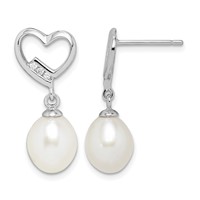 Sterling Silver Rhodium-plated 7-8mm White Rice Freshwater Pearl and CZ Heart Post Dangle Earrings view 1