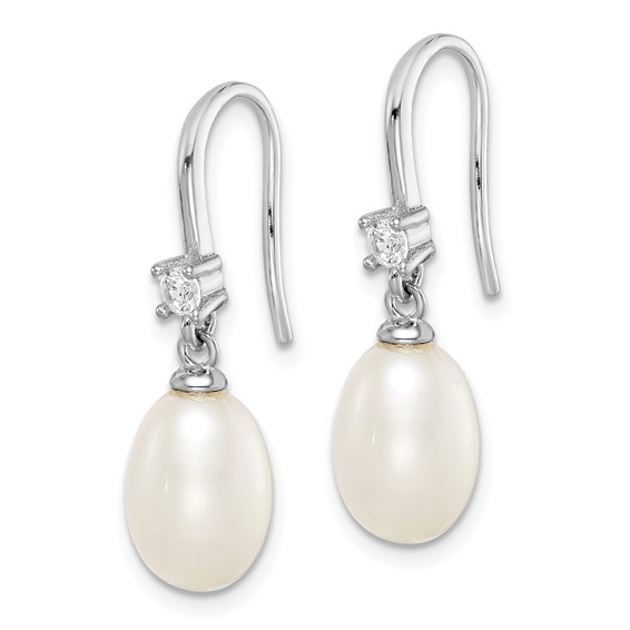 Sterling Silver Rhodium-plated 7-8mm White Teardrop Freshwater Cultured Pearl and CZ Dangle Earrings