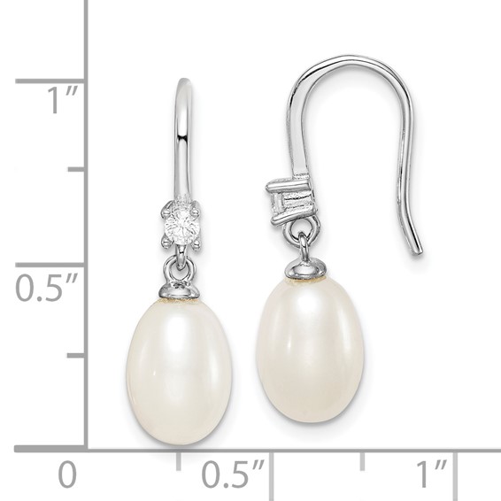 Sterling Silver Rhodium-plated 7-8mm White Teardrop Freshwater Cultured Pearl and CZ Dangle Earrings