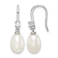 Sterling Silver Rhodium-plated 7-8mm White Teardrop Freshwater Cultured Pearl and CZ Dangle Earrings view 1