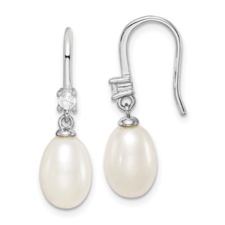Sterling Silver Rhodium-plated 7-8mm White Teardrop Freshwater Cultured Pearl and CZ Dangle Earrings