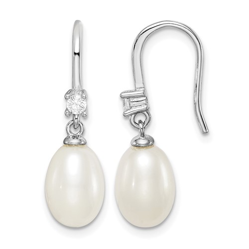 Sterling Silver Rhodium-plated 7-8mm White Teardrop Freshwater Cultured Pearl and CZ Dangle Earrings