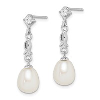 Sterling Silver Rhodium-plated 7-8mm White Rice Freshwater Cultured Pearl and CZ Post Dangle Earrings view 2