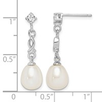 Sterling Silver Rhodium-plated 7-8mm White Rice Freshwater Cultured Pearl and CZ Post Dangle Earrings view 4