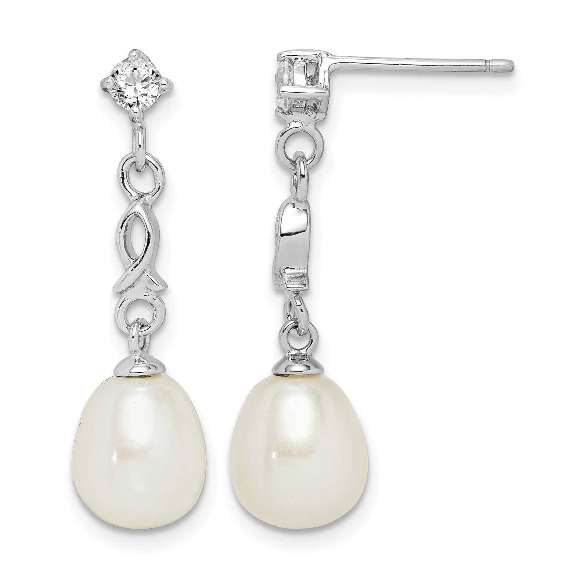 Sterling Silver Rhodium-plated 7-8mm White Rice Freshwater Cultured Pearl and CZ Post Dangle Earrings (QE15209)