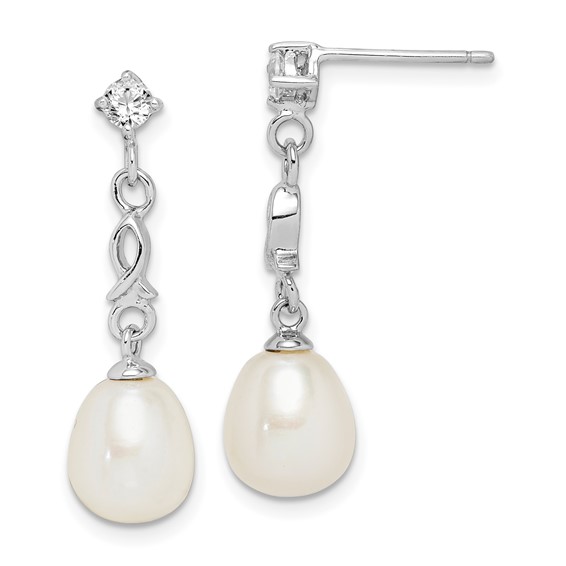 Sterling Silver Rhodium-plated 7-8mm White Rice Freshwater Cultured Pearl and CZ Post Dangle Earrings