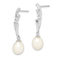 Sterling Silver Rhodium-plated 7-8mm White Rice Freshwater Cultured Pearl and CZ Post Dangle Earrings view 2
