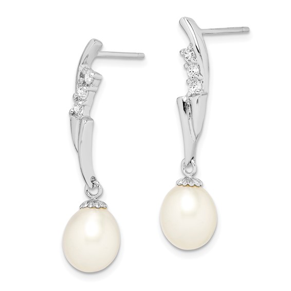 Sterling Silver Rhodium-plated 7-8mm White Rice Freshwater Cultured Pearl and CZ Post Dangle Earrings