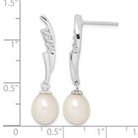 Sterling Silver Rhodium-plated 7-8mm White Rice Freshwater Cultured Pearl and CZ Post Dangle Earrings view 4