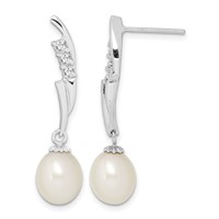 Sterling Silver Rhodium-plated 7-8mm White Rice Freshwater Cultured Pearl and CZ Post Dangle Earrings view 1