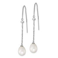 Sterling Silver Rhodium-plated 7-8mm White Teardrop Freshwater Cultured Pearl and CZ Threader Earrings view 2