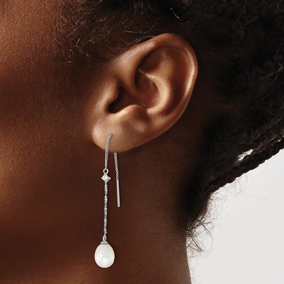 Sterling Silver Rhodium-plated 7-8mm White Teardrop Freshwater Cultured Pearl and CZ Threader Earrings