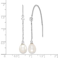 Sterling Silver Rhodium-plated 7-8mm White Teardrop Freshwater Cultured Pearl and CZ Threader Earrings view 4