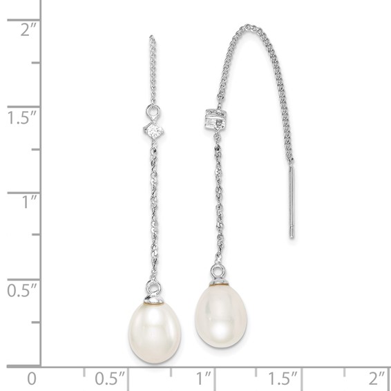 Sterling Silver Rhodium-plated 7-8mm White Teardrop Freshwater Cultured Pearl and CZ Threader Earrings