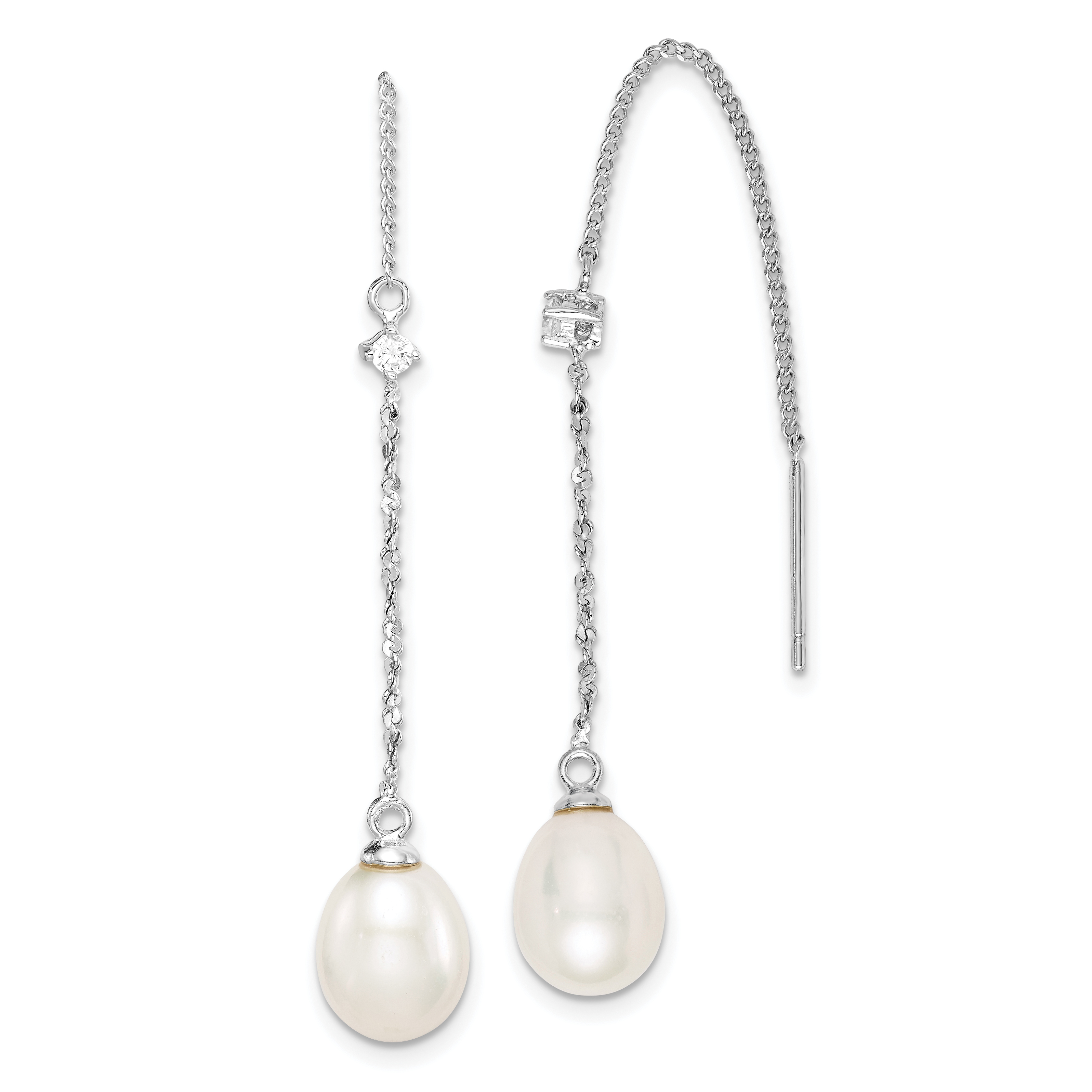 Sterling Silver Rhodium-plated 7-8mm White Teardrop Freshwater Cultured Pearl and CZ Threader Earrings (QE15211)