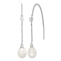 Sterling Silver Rhodium-plated 7-8mm White Teardrop Freshwater Cultured Pearl and CZ Threader Earrings view 1