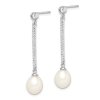 Sterling Silver Rhodium-plated 8-9mm White Rice Freshwater Cultured Pearl and CZ Post Dangle Earrings view 2