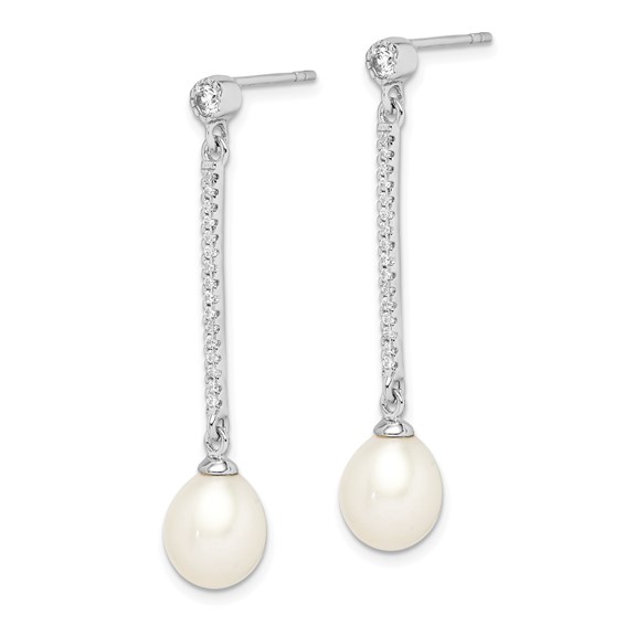 Sterling Silver Rhodium-plated 8-9mm White Rice Freshwater Cultured Pearl and CZ Post Dangle Earrings