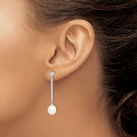 Sterling Silver Rhodium-plated 8-9mm White Rice Freshwater Cultured Pearl and CZ Post Dangle Earrings view 3