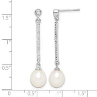 Sterling Silver Rhodium-plated 8-9mm White Rice Freshwater Cultured Pearl and CZ Post Dangle Earrings view 4