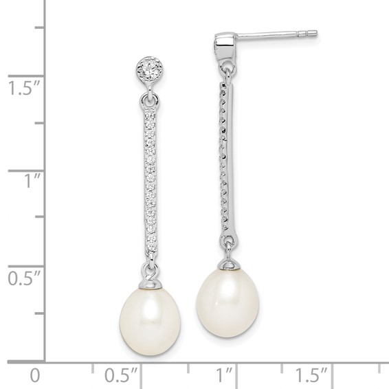 Sterling Silver Rhodium-plated 8-9mm White Rice Freshwater Cultured Pearl and CZ Post Dangle Earrings