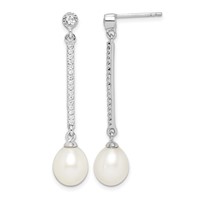 Sterling Silver Rhodium-plated 8-9mm White Rice Freshwater Cultured Pearl and CZ Post Dangle Earrings view 1