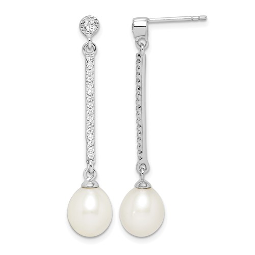 Sterling Silver Rhodium-plated 8-9mm White Rice Freshwater Cultured Pearl and CZ Post Dangle Earrings
