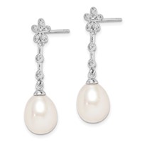 Sterling Silver Rhodium-plated 8-9mm White Rice Freshwater Cultured Pearl and CZ Flower Post Dangle Earrings view 2