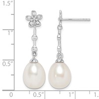 Sterling Silver Rhodium-plated 8-9mm White Rice Freshwater Cultured Pearl and CZ Flower Post Dangle Earrings view 4