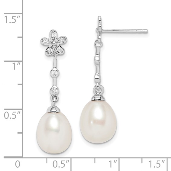 Sterling Silver Rhodium-plated 8-9mm White Rice Freshwater Cultured Pearl and CZ Flower Post Dangle Earrings