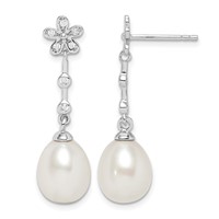 Sterling Silver Rhodium-plated 8-9mm White Rice Freshwater Cultured Pearl and CZ Flower Post Dangle Earrings view 1