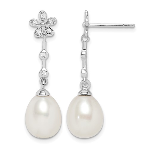 Sterling Silver Rhodium-plated 8-9mm White Rice Freshwater Cultured Pearl and CZ Flower Post Dangle Earrings