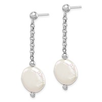 Sterling Silver Rhodium-plated 12-13mm White Coin Freshwater Cultured Pearl Post Dangle Earrings view 2