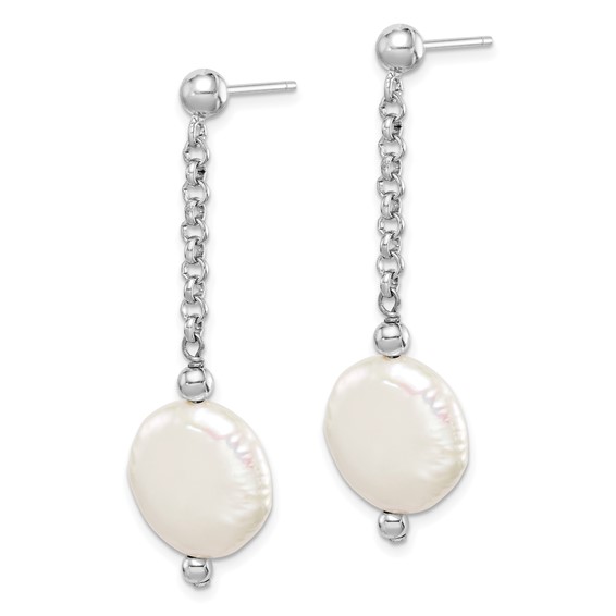 Sterling Silver Rhodium-plated 12-13mm White Coin Freshwater Cultured Pearl Post Dangle Earrings