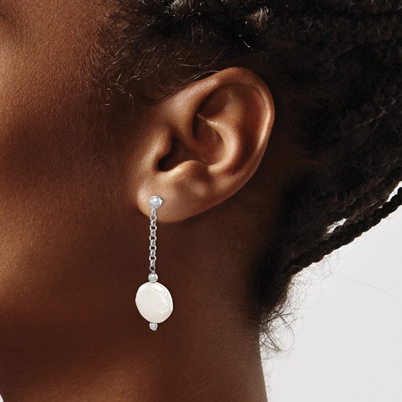 Sterling Silver Rhodium-plated 12-13mm White Coin Freshwater Cultured Pearl Post Dangle Earrings
