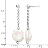 Sterling Silver Rhodium-plated 12-13mm White Coin Freshwater Cultured Pearl Post Dangle Earrings view 4
