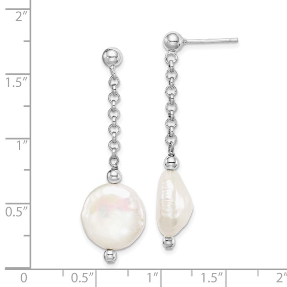 Sterling Silver Rhodium-plated 12-13mm White Coin Freshwater Cultured Pearl Post Dangle Earrings
