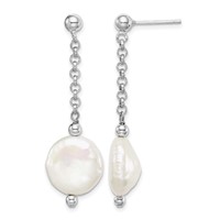 Sterling Silver Rhodium-plated 12-13mm White Coin Freshwater Cultured Pearl Post Dangle Earrings view 1