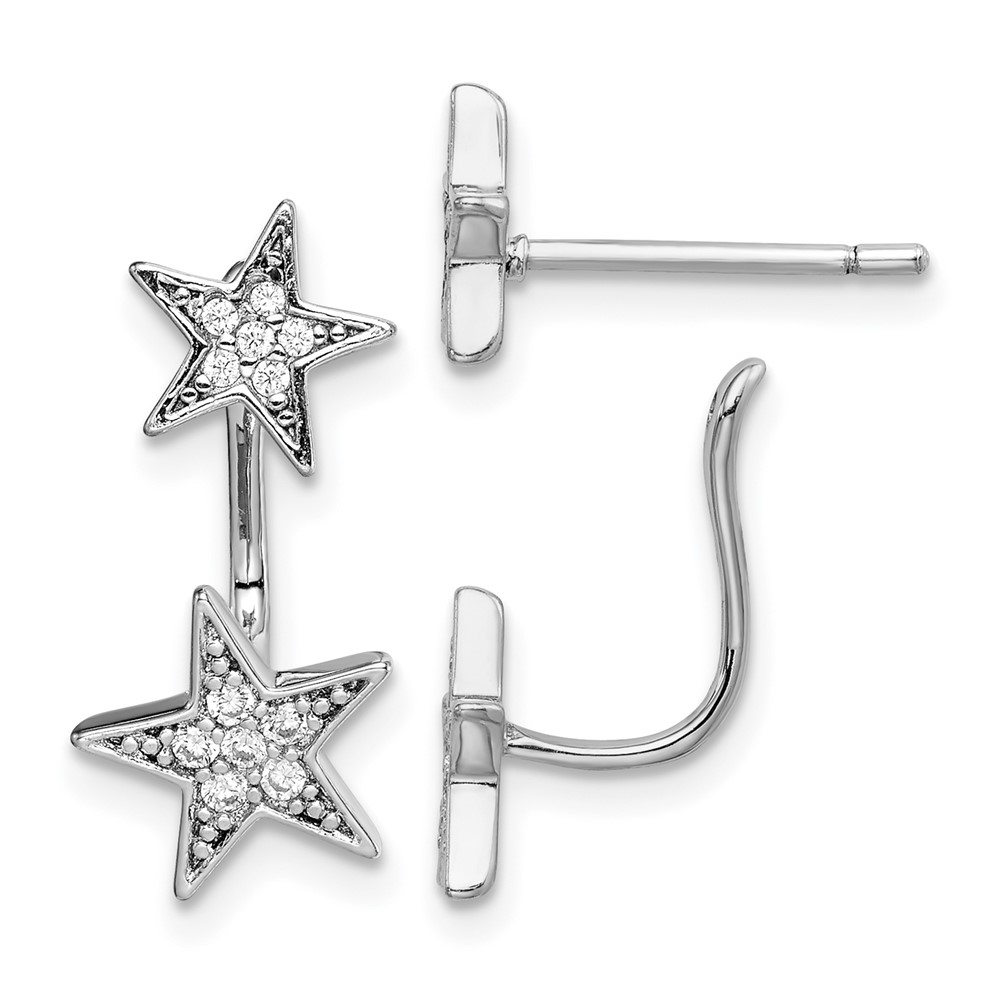 Sterling Silver Rhodium Plated CZ Star Front and Back Post Earrings