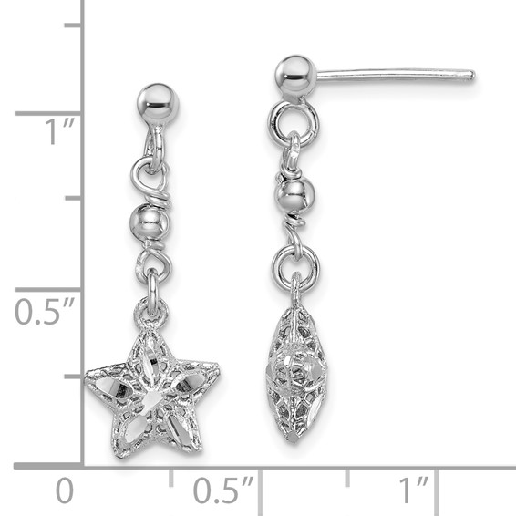 Sterling Silver Rhodium-plated D/C Mesh Star Dangle Post Earrings
