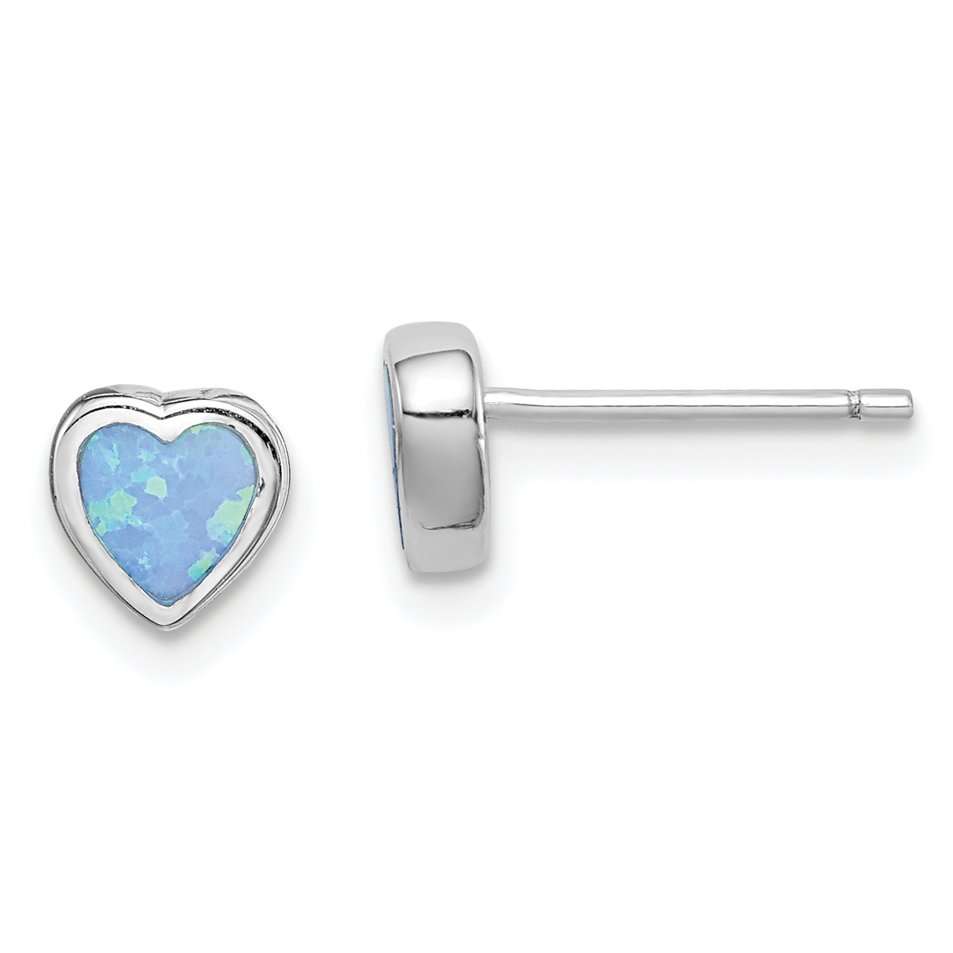 Sterling Silver Rhodium-plated 6mm Blue Created Opal Heart Post Earrings (QE15228)