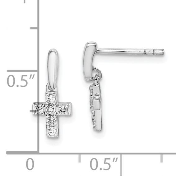 Sterling Silver Rhodium-plated Polished CZ Cross Post Dangle Earrings