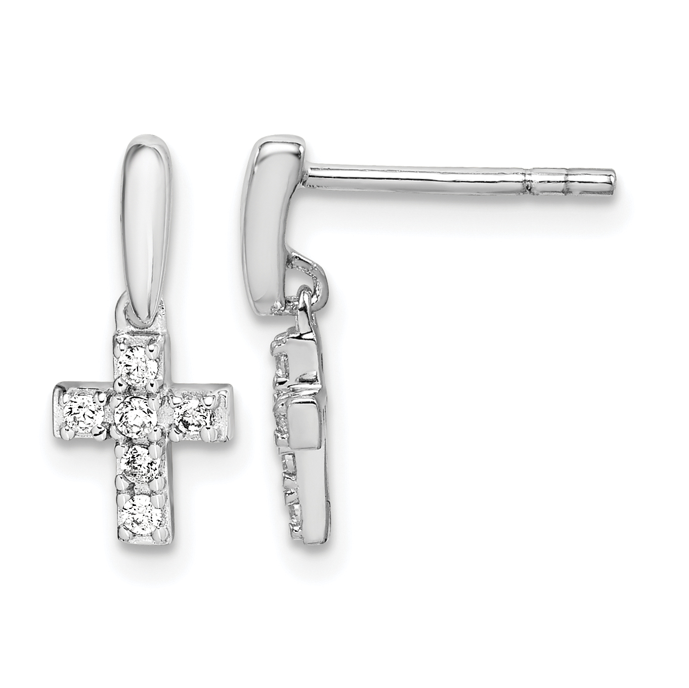 Sterling Silver Rhodium-plated Polished CZ Cross Post Dangle Earrings (QE15231)