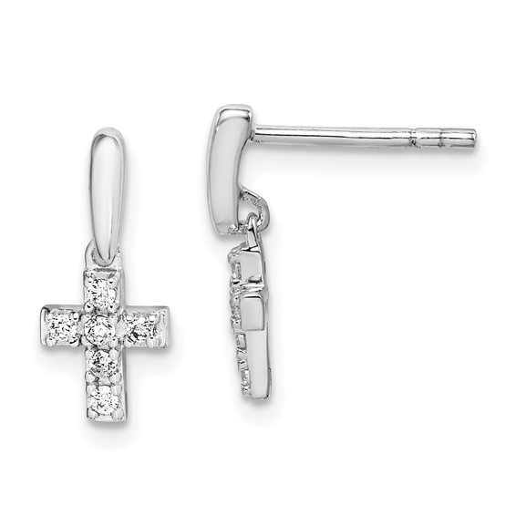 Sterling Silver Rhodium-plated Polished CZ Cross Post Dangle Earrings
